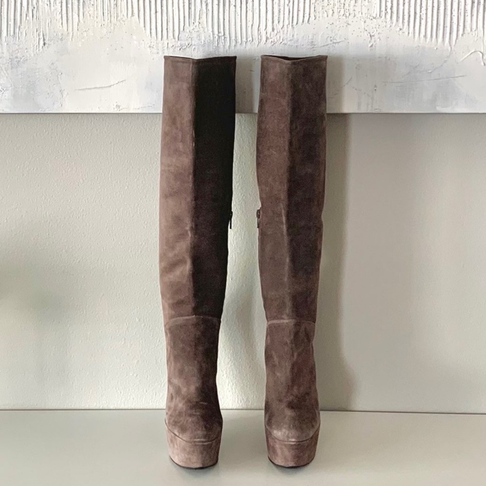 Stuart Weitzman taupe knee-high suede platform wedge boots
